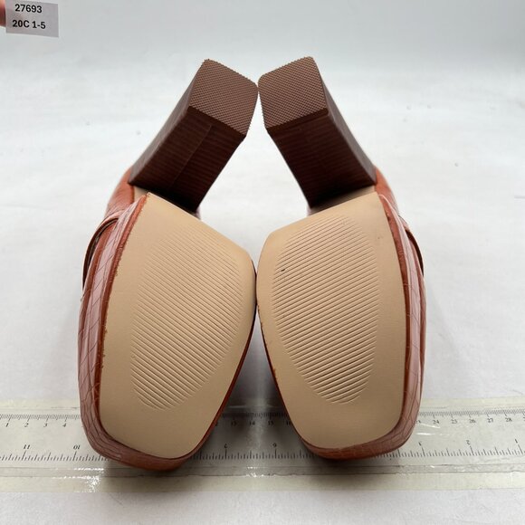 FOWT Brown Chunky Heel Loafer Square Toe High Heel Slip-on Crocodile-Text Pumps - Picture 7 of 8